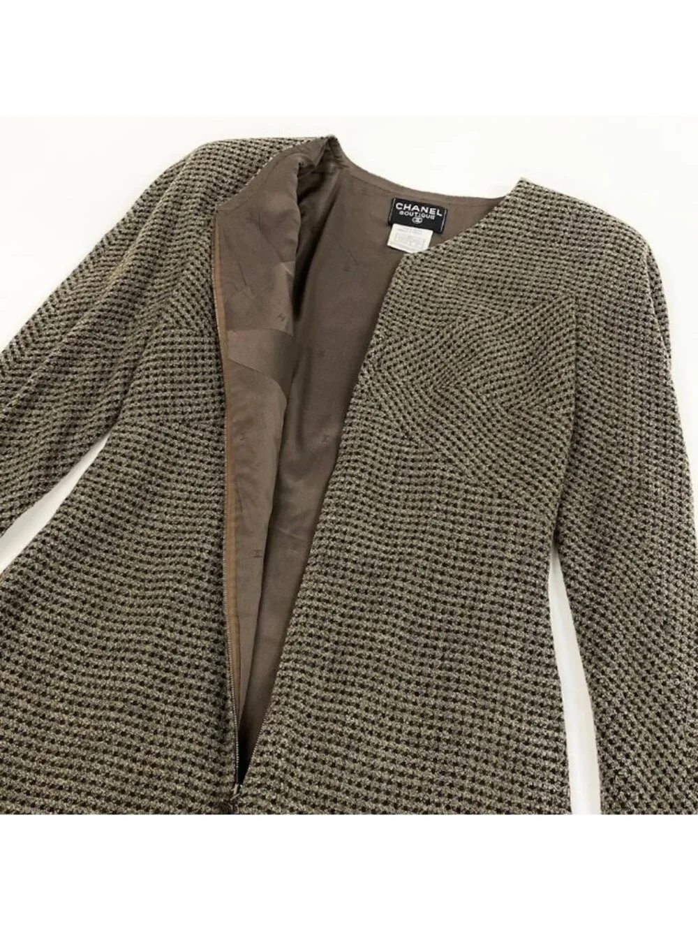 Chanel Front Zip Tweed Dress CC Logo Brown Black Wool Lycra
